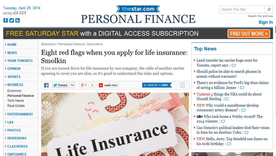 Eight red flags when you apply for life insurance Smolkin  Toronto Star 2014 04 29 16 36 32