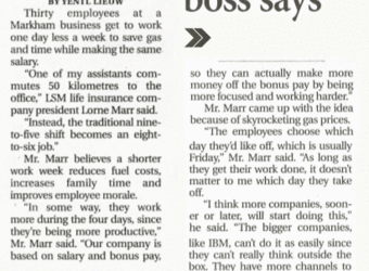 4 Day Work Week on front page of Markham Economist